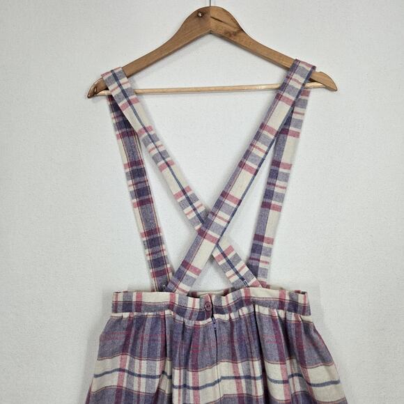 VTG Wool Blend Jumper Skirt Dress Straps Suspenders Purple Pink White Plaid - Picture 8 of 15